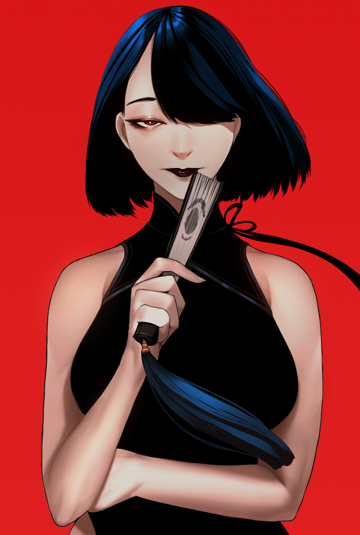 1girl, bangs, bare_arms, bare_shoulders, black_dress, black_hair, black_lips, breasts