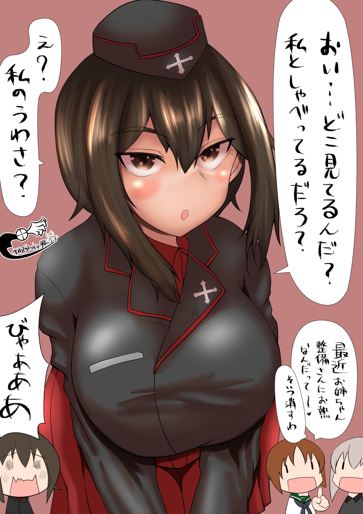 bangs, black_jacket, blush, brown_hair, dress_shirt, garrison_cap, girls_und_panzer, guero_nuko, hat, highres, itsumi_erika, jacket, kuromorimine_military_uniform, long_hair, long_sleeves, military, military_uniform, multiple_girls, nishizumi_maho, nishizumi_miho, ooarai_school_uniform, red_shirt, school_uniform, shirt, short_hair, silver_hair, skirt, translation_request, uniform