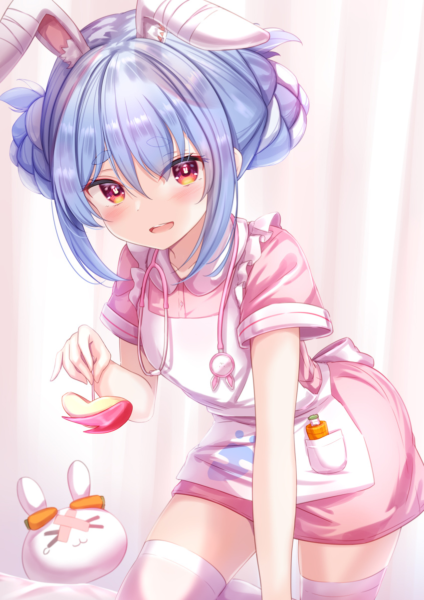 1girl, all_fours, alternate_costume, animal_ear_fluff, animal_ears, apple_bunny, apron, arm_support
