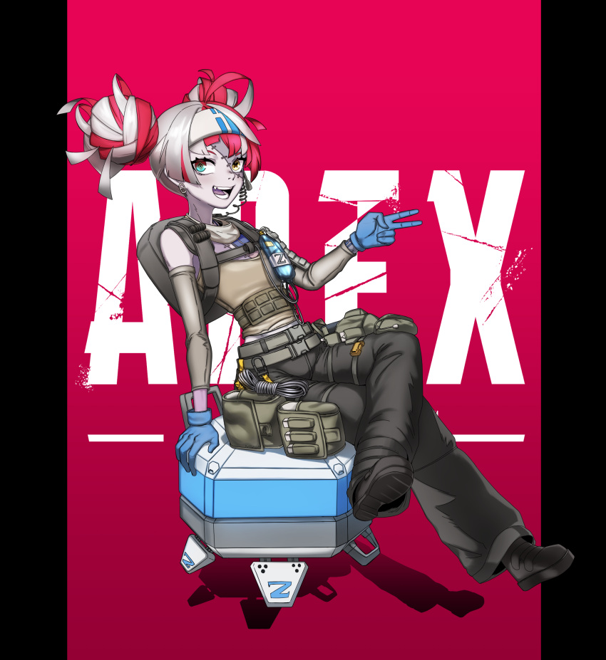 1girl, absurdres, apex_legends, artpatient, backpack, bag, bangs, beige_tank_top, black_pants, blue_gloves, colored_skin, cosplay, crossed_legs, d.o.c._health_drone, detached_sleeves, gloves, green_belt, green_eyes, grey_hair, grey_skin, headband, heterochromia, highres, hololive, hololive_indonesia, kureiji_ollie, lifeline_(apex_legends), lifeline_(apex_legends)_(cosplay), logo, looking_to_the_side, multicolored_hair, open_mouth, pants, redhead, sitting, smile, solo, stitched_face, two-tone_hair, v, virtual_youtuber, white_headband, yellow_eyes, zombie