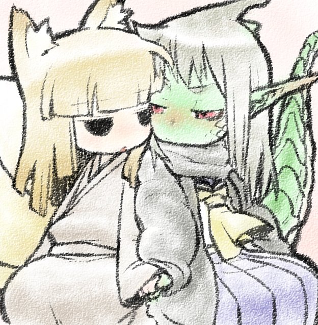 bad_id, blonde_hair, character_request, dragon_girl, dragon_tail, fox_ears, fox_tail, green_skin