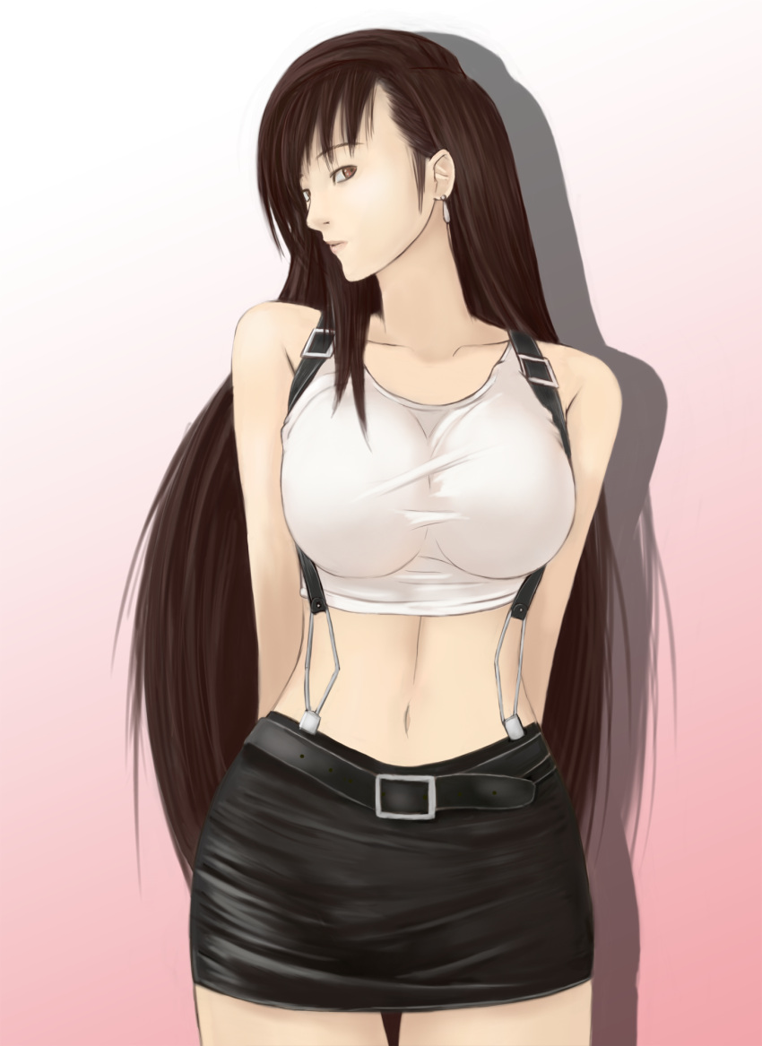 arms_behind, arms_behind_back, bare_shoulders, belt, brown_eyes, brown_hair, earrings, female