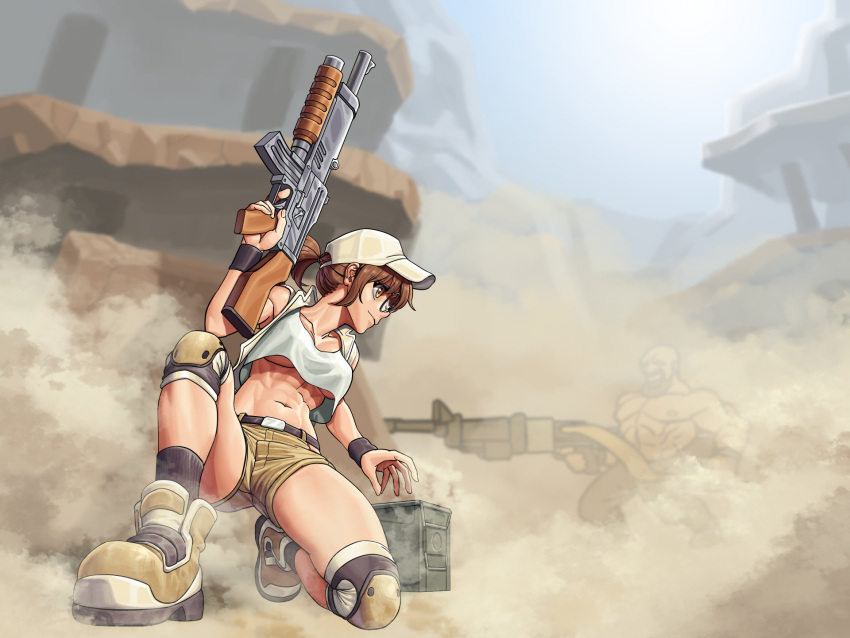 1boy, 1girl, abs, ammunition_box, ankle_boots, assault_rifle, battle, boots