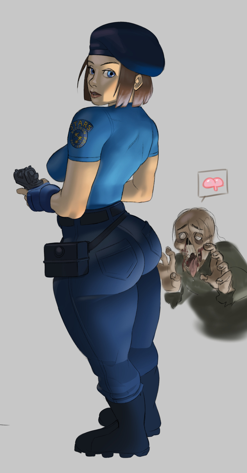 1girl, 1other, absurdres, ass, belt, belt_pouch, beret, black_footwear, blue_eyes, blue_headwear, blue_pants, blue_shirt, bob_cut, boots, breasts, brown_hair, crest, denim, english_commentary, fingerless_gloves, from_behind, full_body, gloves, grey_background, gun, hat, heart, highres, holding, holding_gun, holding_weapon, jeans, jill_valentine, lips, looking_back, nose, pants, perky_breasts, police, police_uniform, policewoman, pouch, resident_evil, resident_evil_1, shirt, short_hair, solo_focus, spoken_heart, standing, t-shirt, tight, tight_pants, trigger_discipline, turning_head, uniform, weapon, wflagman, zombie