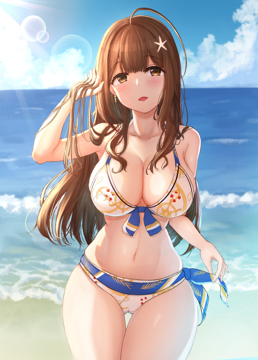 1girl, ahoge, aiban, bikini, blue_sky, breasts, brown_eyes, brown_hair, clouds, commentary, cowboy_shot, day, front-tie_bikini, front-tie_top, highres, idolmaster, idolmaster_shiny_colors, kuwayama_chiyuki, large_breasts, long_hair, navel, outdoors, side-tie_bikini, sky, solo, standing, starfish_hair_ornament, swimsuit, white_bikini, wide_hips