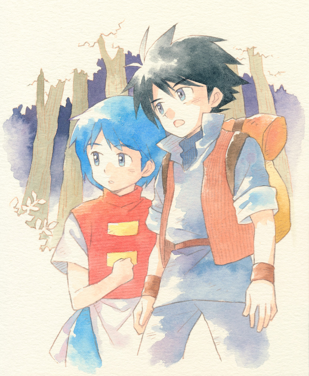1boy, 1girl, agahari, backpack, bag, black_hair, blue_eyes, blue_hair, cal_(ripple_island), character_request, commentary_request, forest, highres, looking_away, looking_to_the_side, nature, ripple_island, short_hair, short_sleeves, traditional_media, tree