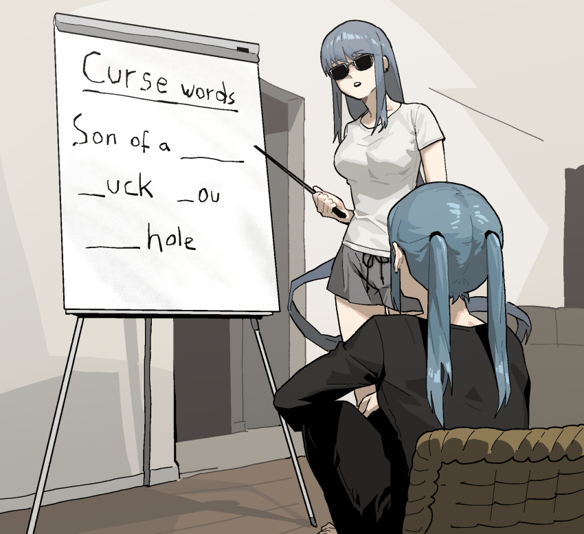 2girls, black_pants, black_shirt, blue_hair, breasts, commentary, covered_eyes, english_commentary