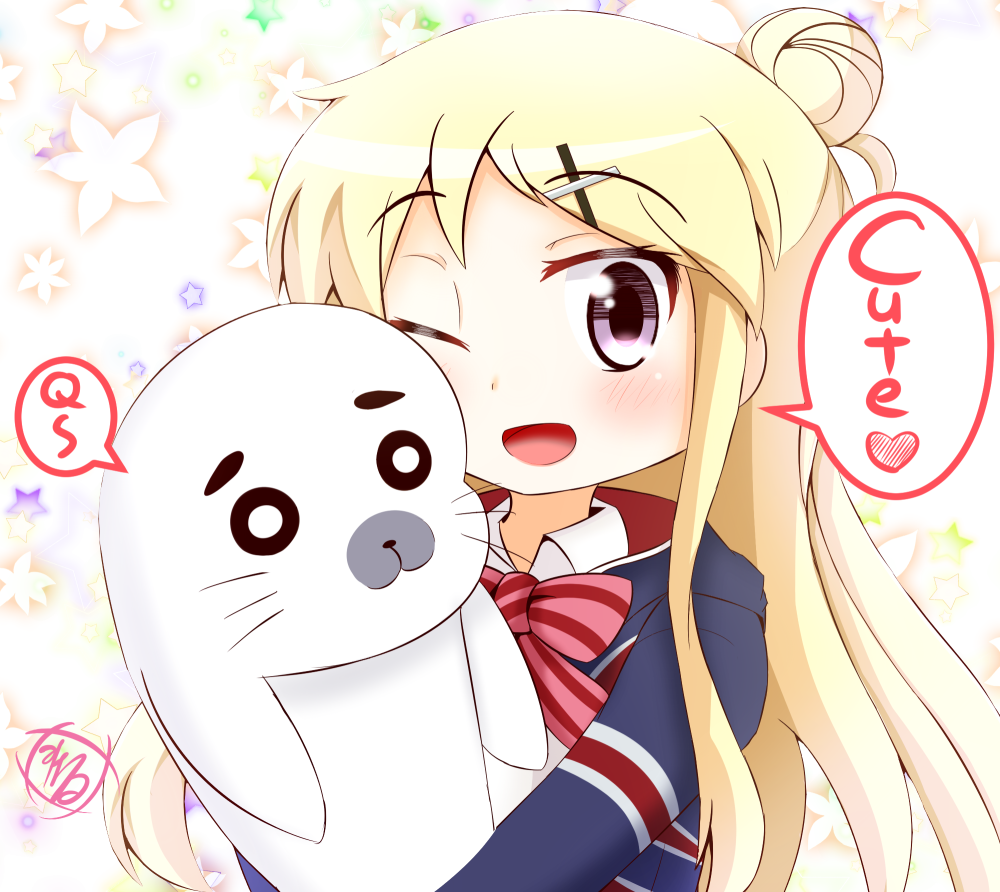 1girl, blonde_hair, blush, eyebrows_visible_through_hair, goma-chan, hair_bun, hair_ornament, kin-iro_mosaic, kuhare, kujou_karen, long_hair, open_mouth, school_uniform, seal_(animal), shirt, shounen_ashibe, smile, touyama_nao, union_jack, violet_eyes, voice_actor_connection