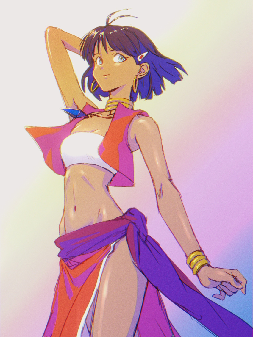 1girl, antenna_hair, arm_behind_head, bandeau, bangs, bare_shoulders, blue_eyes, bob_cut
