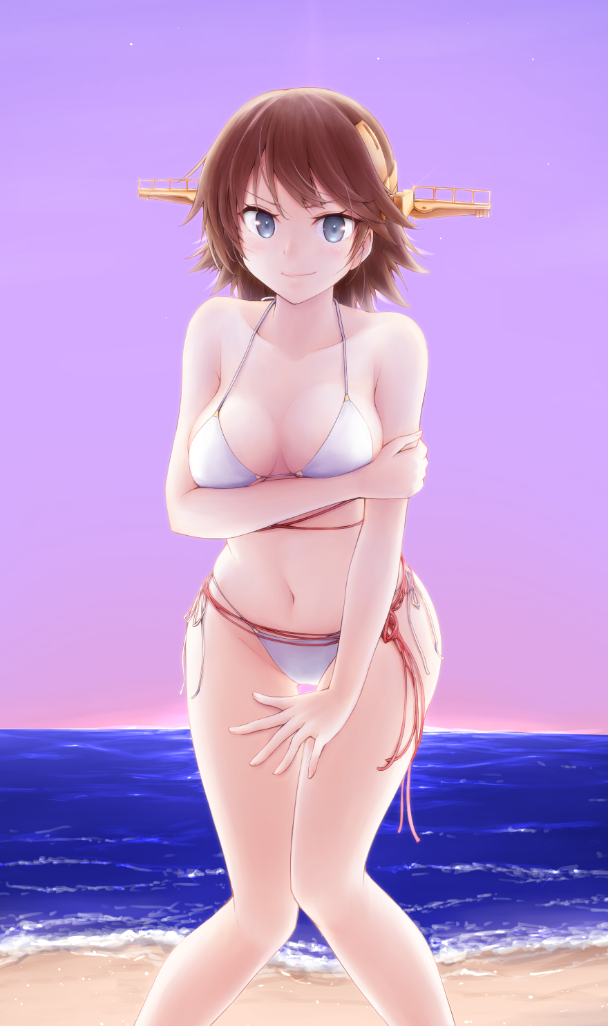 1girl, alternate_costume, bikini, blue_eyes, breasts, brown_hair, flipped_hair, hairband