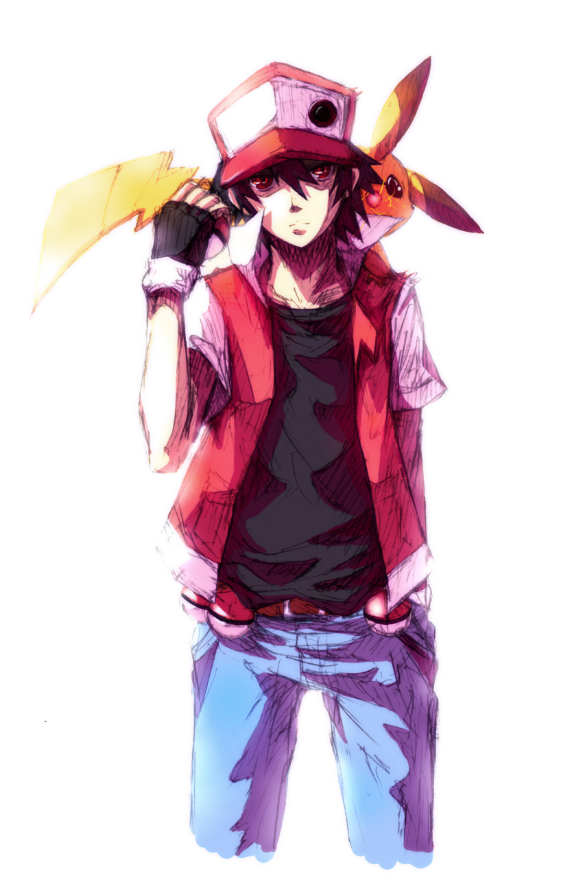 1boy, baseball_cap, belt, black_hair, hat, highres, holding, holding_poke_ball