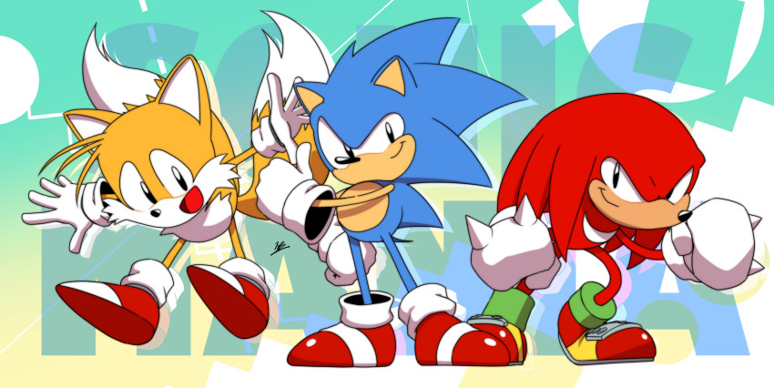 3boys, :d, animal_nose, anniversary, banel_springer, closed_mouth, commentary_request, copyright_name