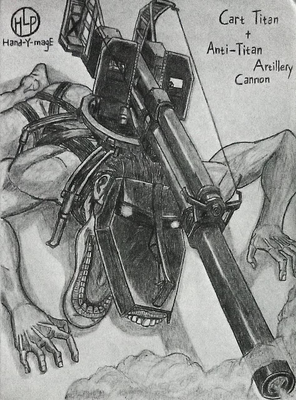 artist_logo, belt, cannon, cart_titan, crawling, drawing, glowing, glowing_eyes