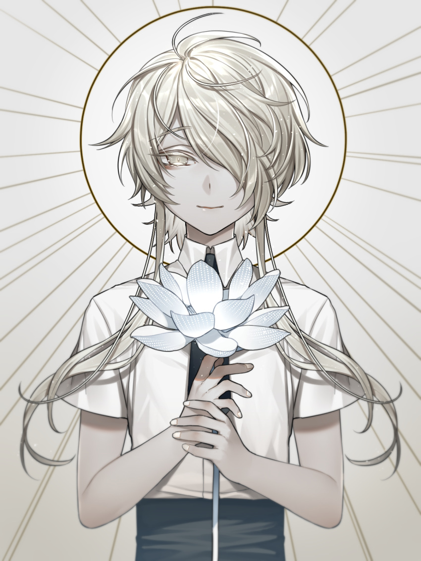 1other, androgynous, cao_hong_anh, colored_eyelashes, commentary_request, flower, gem_uniform_(houseki_no_kuni), ghost_quartz_(houseki_no_kuni)