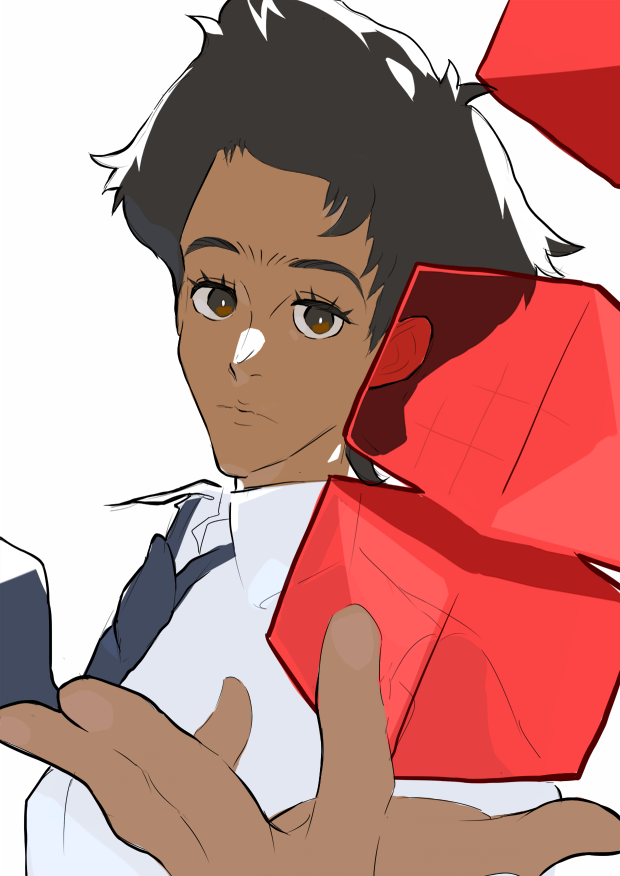 1boy, black_hair, brown_eyes, cube, dark-skinned_male, dark_skin, looking_at_viewer, male_focus