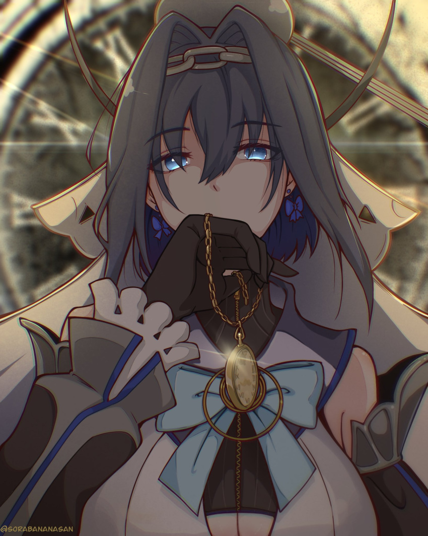 1girl, blue_bow, blue_eyes, blue_hair, bow, breasts, clock, hair_intakes