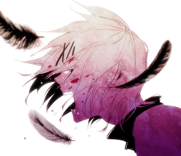 1boy, awara_kayu, bangs, blood, blood_in_hair, blood_on_face, face, feathers