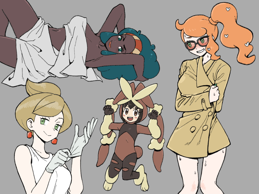 4girls, afro, alternate_costume, aurea_juniper, blush, breasts, brown_hair, buttons