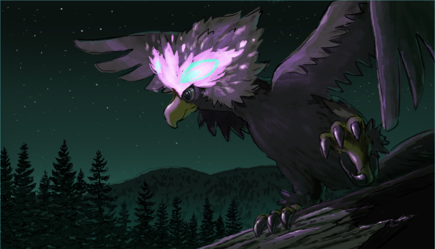 bird, closed_mouth, commentary_request, glowing, hisuian_braviary, hisuian_form, illustration_room_nagi, night