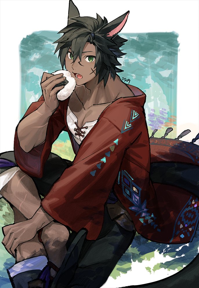 1boy, animal_ears, black_hair, black_pants, black_tail, collarbone, commentary_request, dark-skinned_male