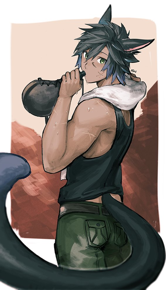1boy, animal_ears, belt, black_hair, black_tail, black_tank_top, brown_belt, cargo_pants