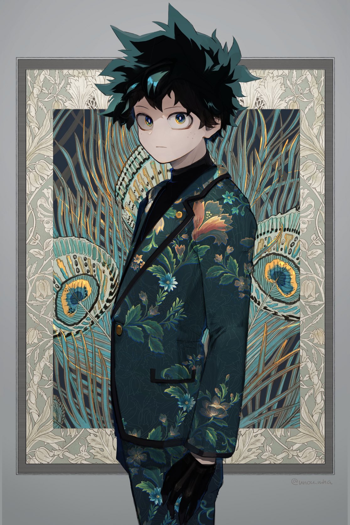 1boy, alternate_costume, artist_name, bangs, black_gloves, boku_no_hero_academia, closed_mouth, feathers