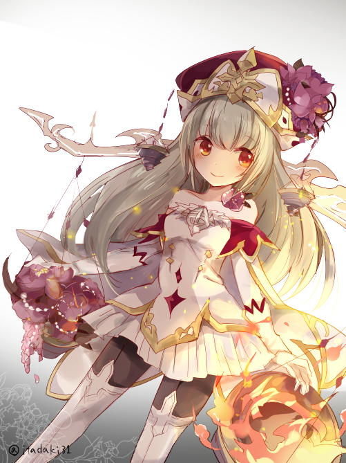 1girl, bare_shoulders, black_legwear, blush, brown_eyes, dress, eyebrows_visible_through_hair, flower