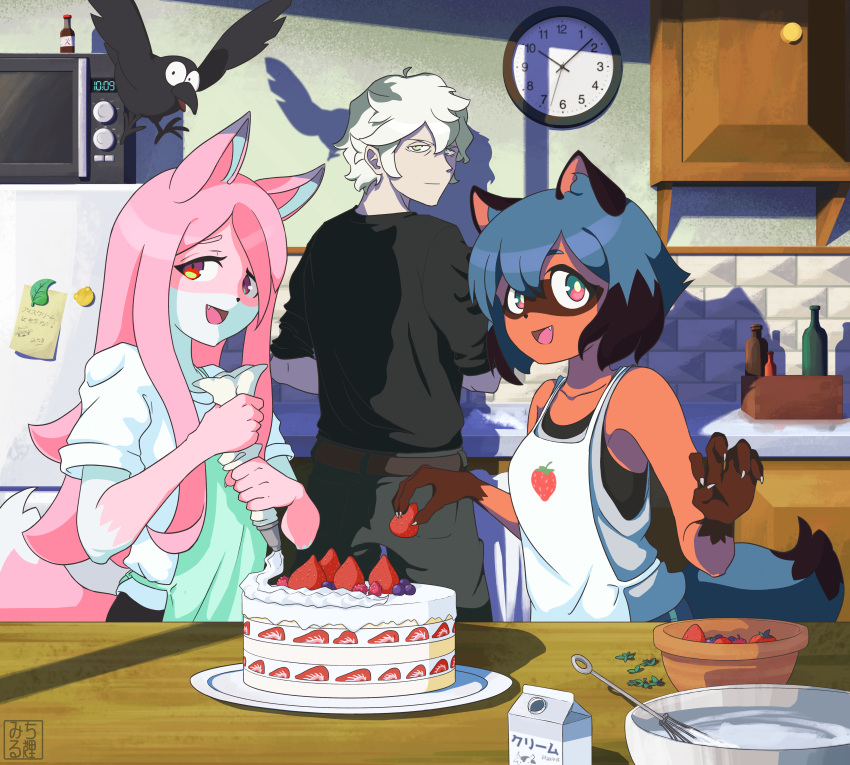 1boy, 2girls, :d, absurdres, animal_ears, animal_nose, animal_print, apron