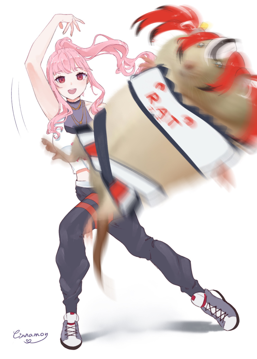 1girl, absurdres, arm_up, breasts, cinnamon_sama, english_commentary, eyebrows_visible_through_hair, highres, hololive, hololive_english, long_hair, midriff, mori_calliope, open_mouth, pink_hair, rat, red_eyes, shadow, signature, simple_background, upper_teeth, virtual_youtuber, white_background
