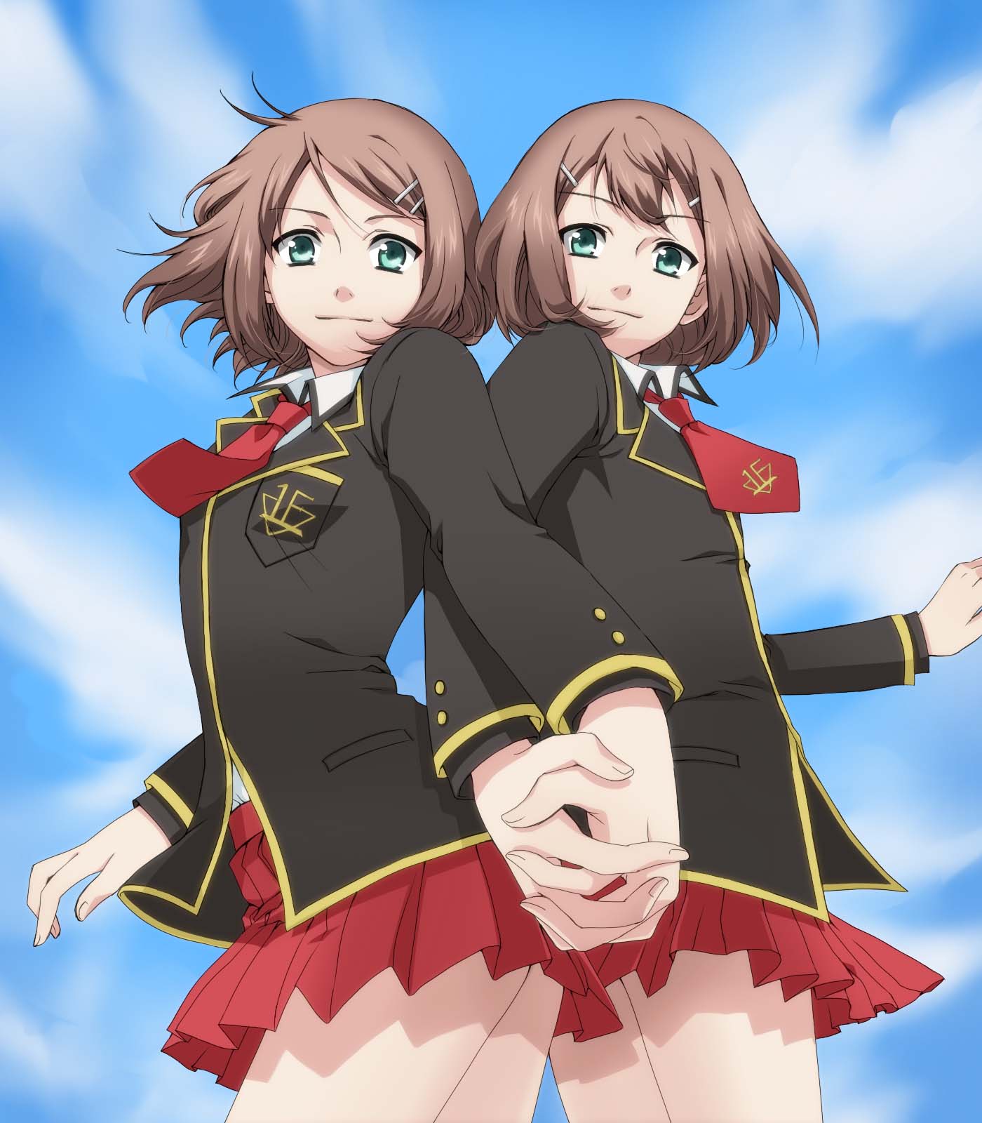 brother_and_sister, brown_hair, green_eyes, hair_ornament, hairclip, hand_holding, highres, holding_hands