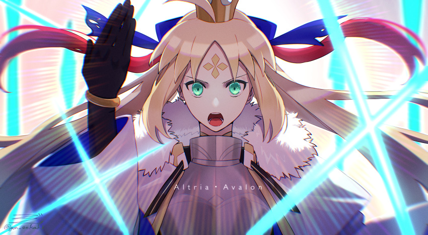 1girl, absurdres, ahoge, artoria_pendragon_(caster)_(fate), artoria_pendragon_(fate), blonde_hair, blue_ribbon, crown