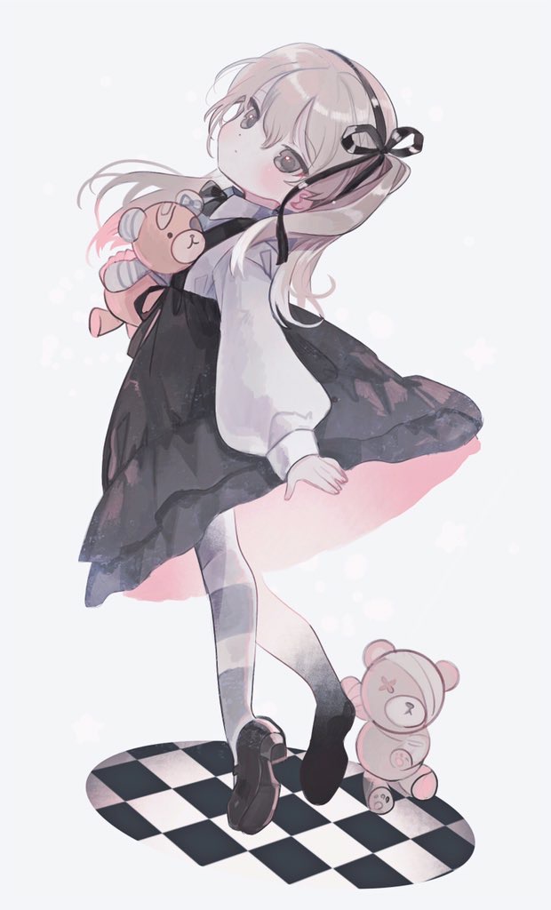 1girl, bandages, bangs, black_footwear, black_legwear, black_neckwear, black_ribbon, black_skirt