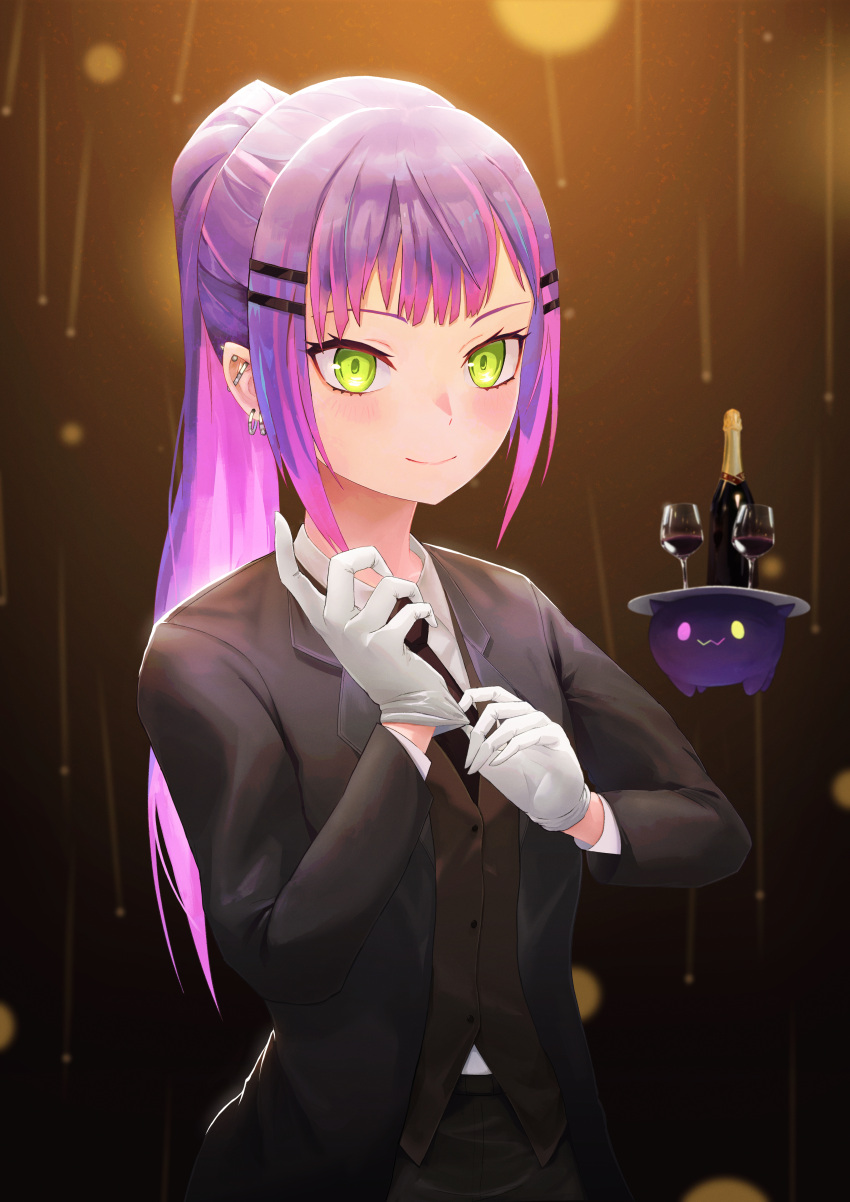 1girl, absurdres, adjusting_clothes, adjusting_gloves, alternate_hairstyle, bibi_(tokoyami_towa), black_neckwear, blush, butler, closed_mouth, colored_inner_hair, creature, crossdressinging, ear_piercing, earrings, gloves, green_eyes, hair_ornament, hairclip, highres, hololive, huge_filesize, industrial_piercing, jewelry, lonegaze, long_hair, looking_at_viewer, multicolored_hair, necktie, piercing, pink_hair, pointy_ears, ponytail, purple_hair, sidelocks, smile, solo, streaked_hair, tokoyami_towa, tuxedo, upper_body, virtual_youtuber, waistcoat, white_gloves
