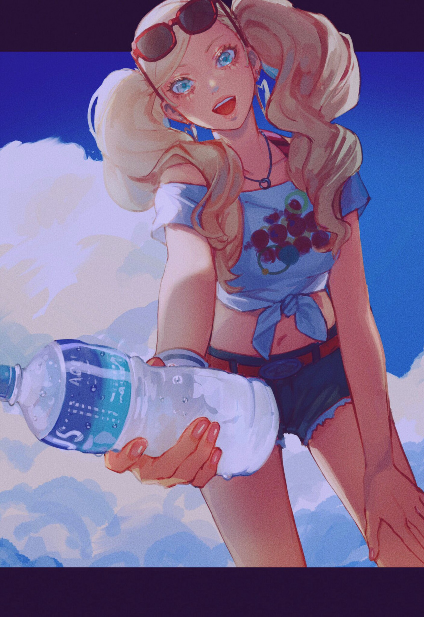 1girl, alternate_costume, blonde_hair, blue_eyes, clouds, earrings, highres, jewelry