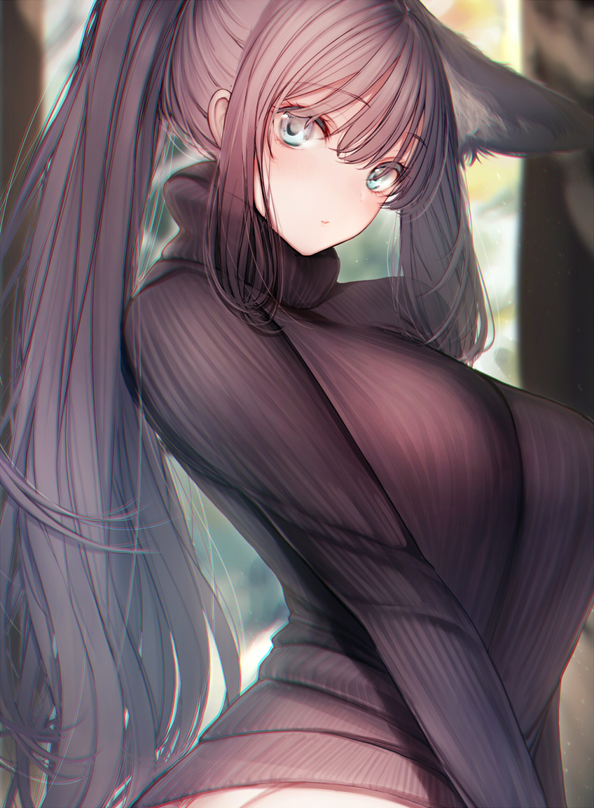 1girl, :o, amane_ruri, animal_ears, aqua_eyes, breasts, eyebrows_visible_through_hair, from_side