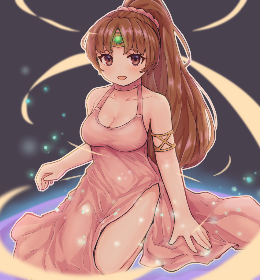 1girl, armlet, blush, breasts, brown_eyes, brown_hair, circlet, collarbone