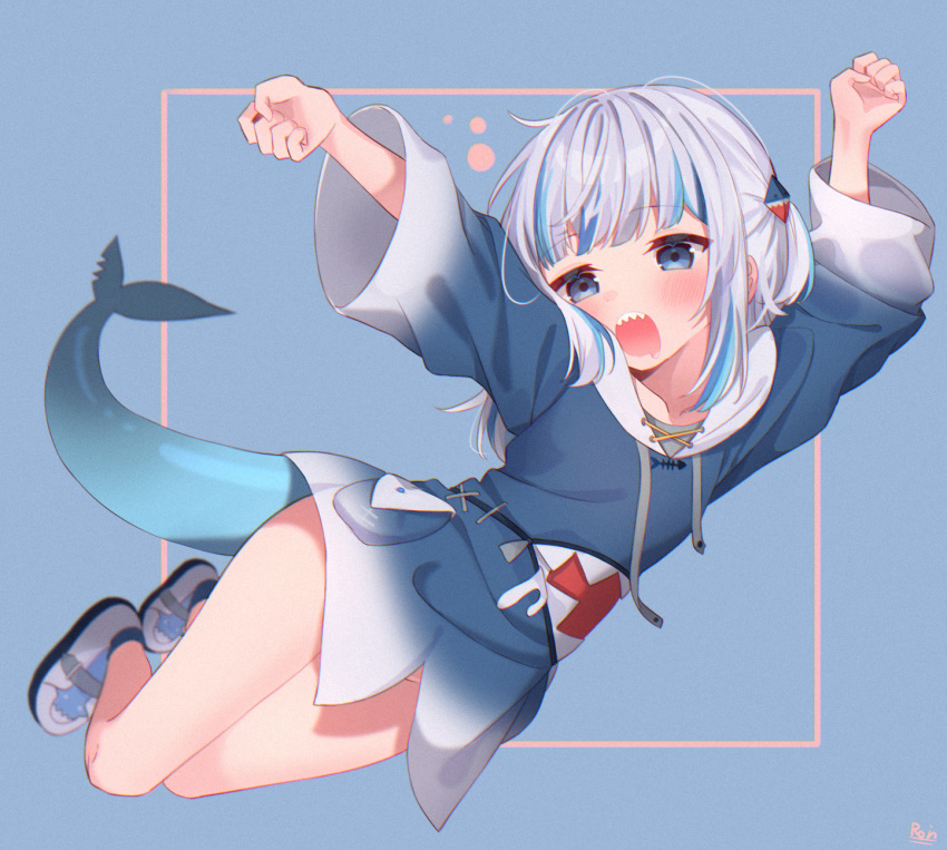 1girl, bangs, blue_eyes, blue_hair, blue_hoodie, blunt_bangs, blurry, bottomless