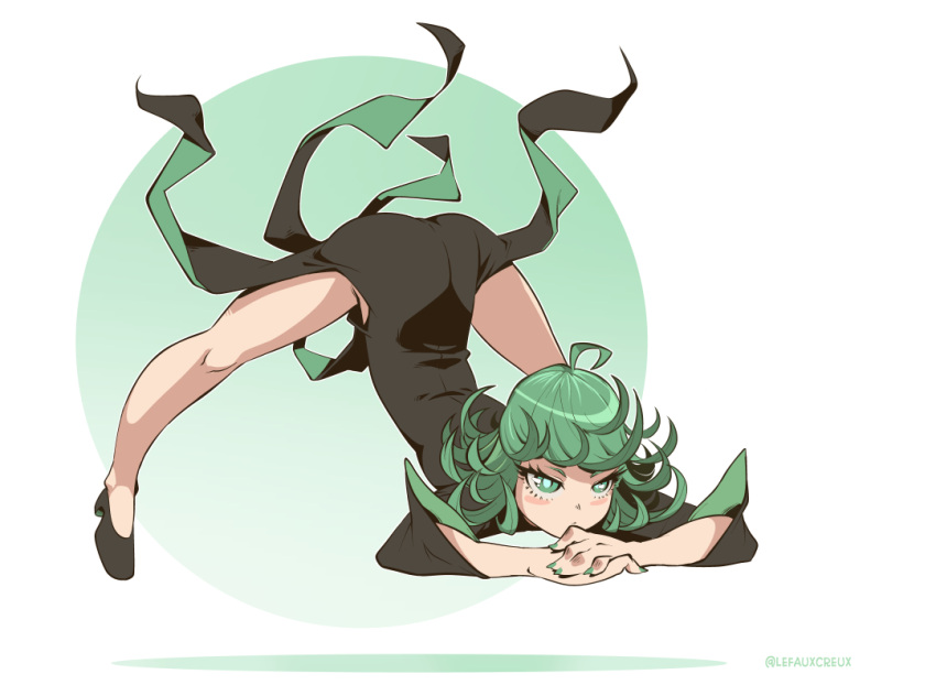 1girl, arm_rest, ass, black_dress, creux, curly_hair, dress, flexible, green_eyes, green_hair, jack-o'_challenge, meme, nail_polish, one-punch_man, pose, shoes, side_slit, spread_legs, stretch, tatsumaki, top-down_bottom-up, wide_spread_legs
