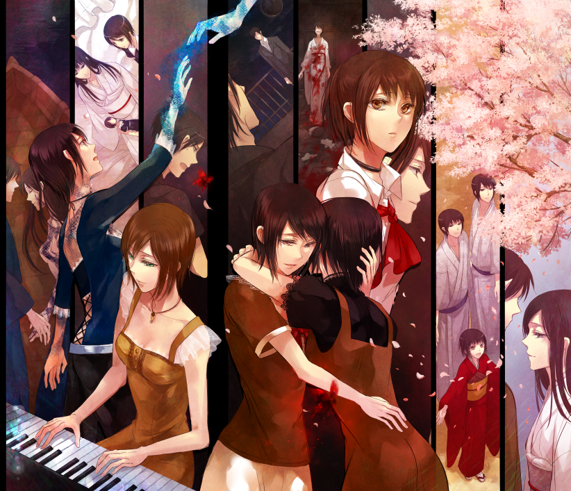 amakura_mayu, amakura_mio, asou_misaki, black_hair, brown_hair, cherry_blossoms, crimson_butterfly, doll