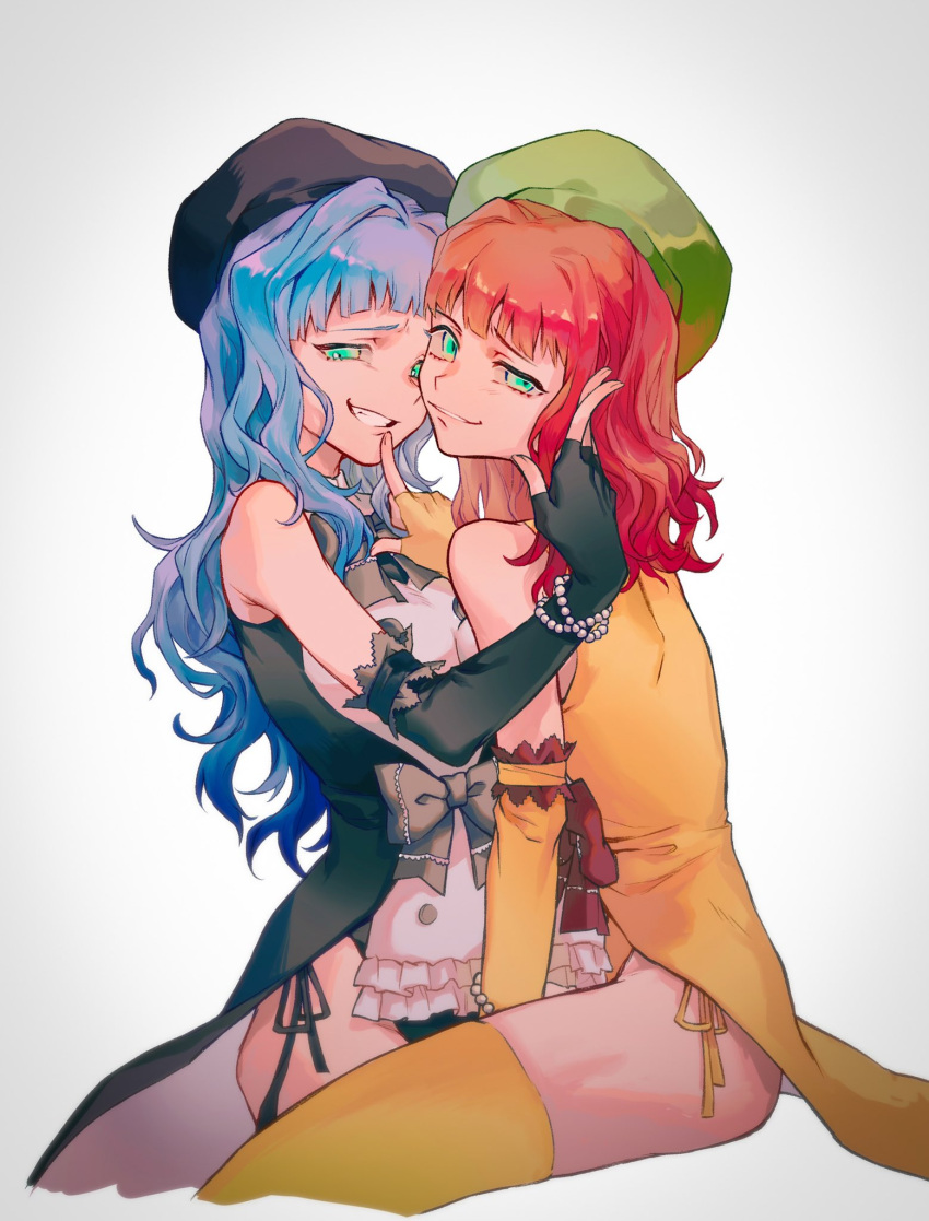 1boy, 1girl, androgynous, beret, blue_hair, bow, cho_kooooo, elbow_gloves, fingerless_gloves, frills, furfur, gloves, green_eyes, hat, highres, leotard, long_hair, medium_hair, redhead, siblings, thigh-highs, umineko_no_naku_koro_ni, zepar
