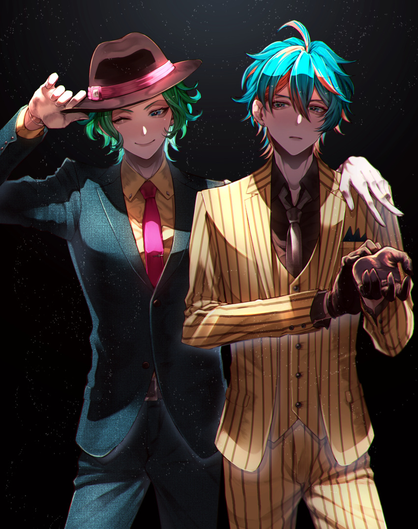2boys, absurdres, adjusting_clothes, adjusting_headwear, ahoge, argonavis_from_bang_dream!, bang_dream!, blue_hair