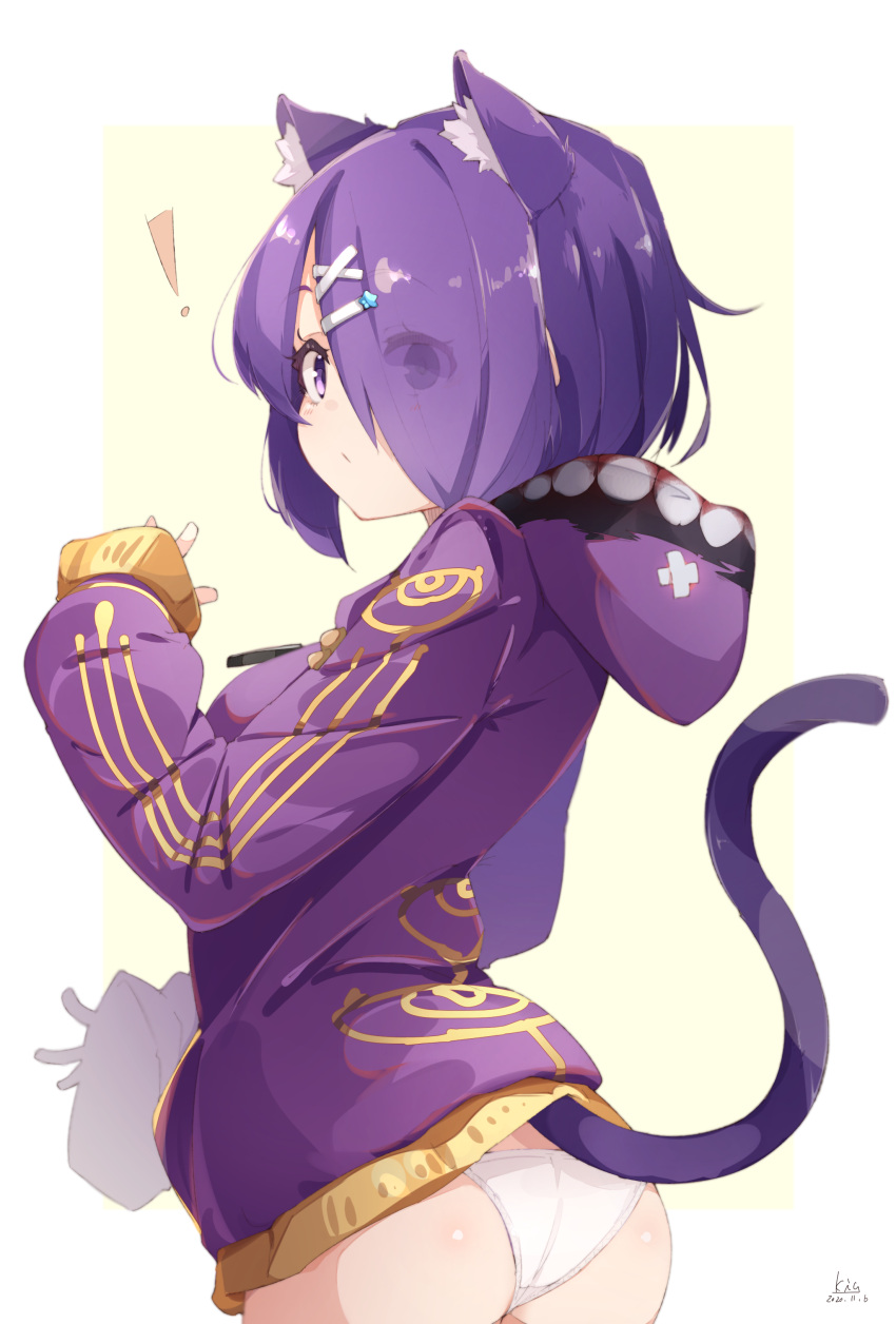 !, 1girl, absurdres, animal_ears, artist_name, ass, bob_cut, border, cat_ears, cat_girl, cat_tail, cowboy_shot, crotch_seam, dated, hair_ornament, hair_over_one_eye, hairclip, highres, hood, hood_down, hooded_jacket, jacket, kia_0088, long_sleeves, looking_at_viewer, looking_back, no_pants, original, outside_border, panties, purple_hair, purple_jacket, short_hair, signature, solo, standing, tail, underwear, violet_eyes, white_border, white_panties, yellow_background