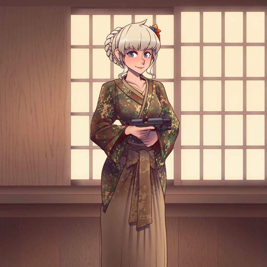 1girl, absurdres, antenna_hair, bangs, blonde_hair, blue_eyes, camouflage, closed_mouth, gun, hair_between_eyes, hair_ornament, handgun, highres, holding, holding_gun, holding_weapon, indoors, japanese_clothes, kimono, lipstick, long_sleeves, looking_at_viewer, makeup, mp-443, original, pistol, solo, weapon, willy_pete