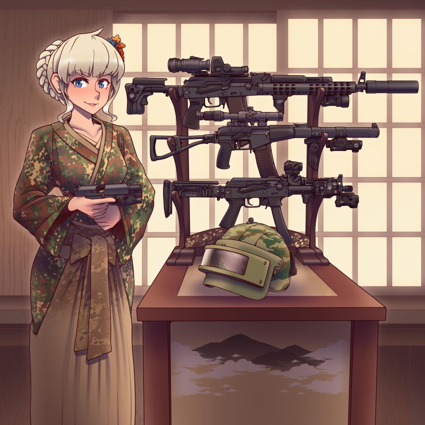 1girl, absurdres, ak-12, antenna_hair, as_val, assault_rifle, blonde_hair, blue_eyes