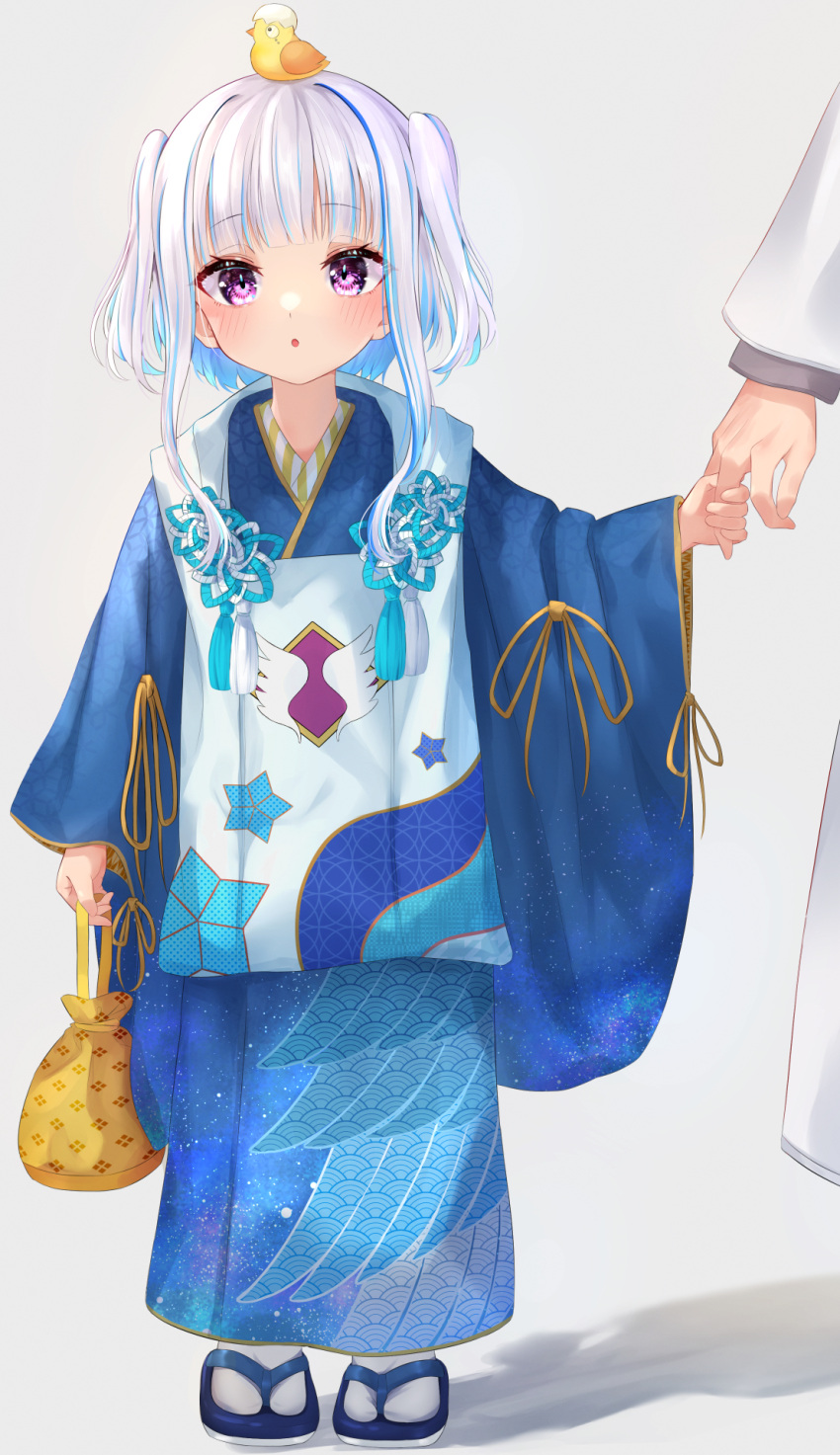 1girl, :o, animal_on_head, bag, bangs, blue_footwear, blue_hair, blue_kimono