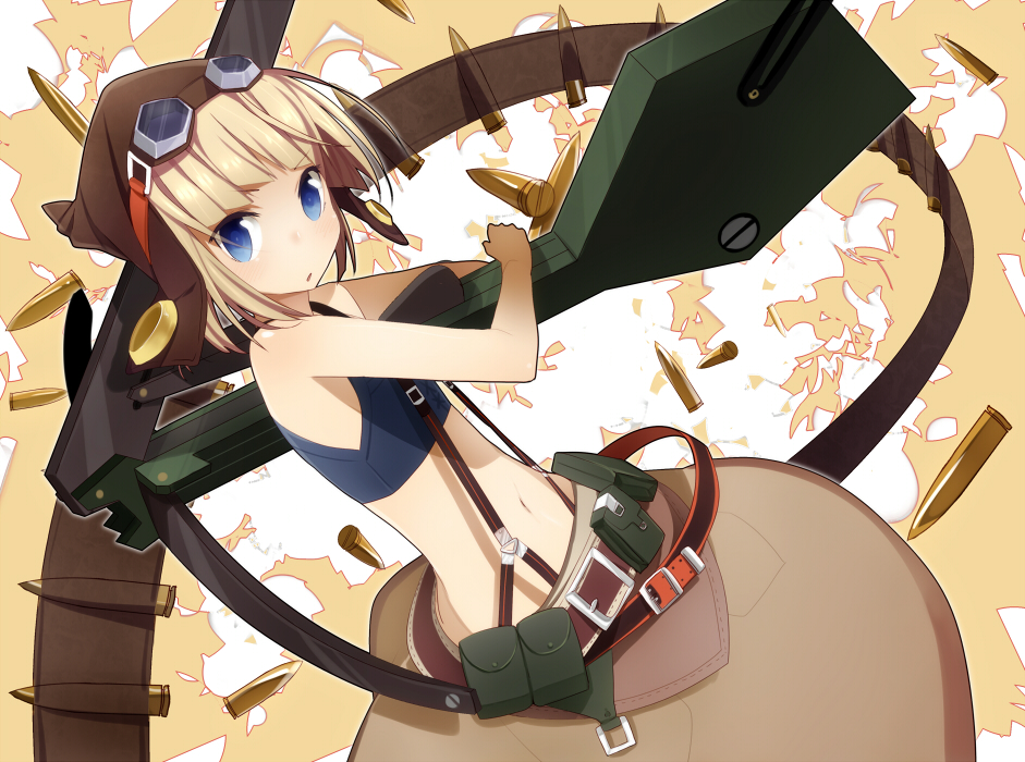 ballista_(sekaiju), blonde_hair, blue_eyes, bow_(weapon), bullet, crossbow, flat_chest, goggles