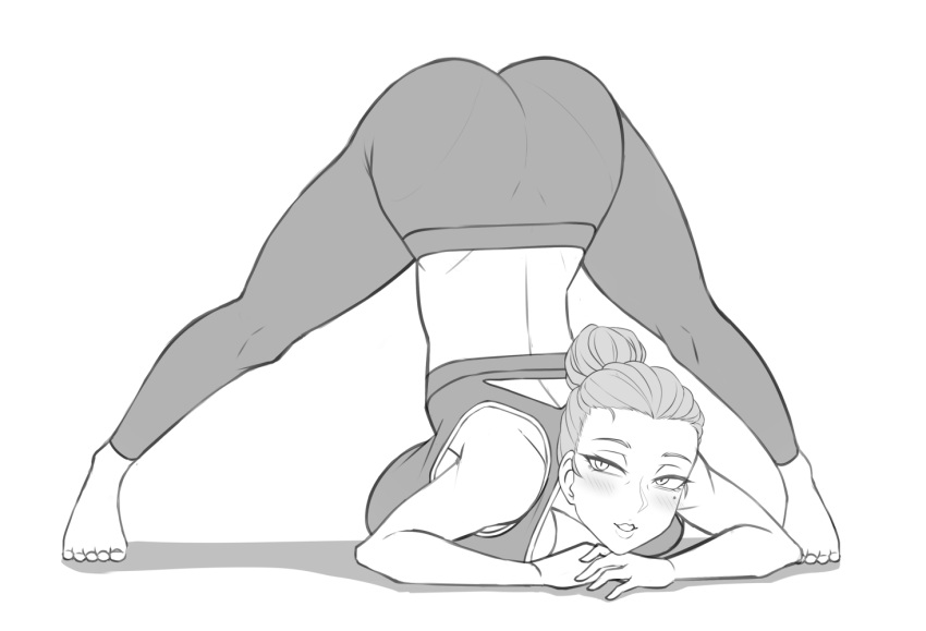 1girl, ass, ayako_(twrlare), bare_arms, bare_shoulders, barefoot, blush, breast_press, breasts, commentary, english_commentary, flexible, forehead, full_body, hair_bun, huge_breasts, jack-o'_challenge, light_smile, looking_at_viewer, meme, midriff, mole, mole_under_eye, original, pants, parted_lips, simple_background, solo, spread_legs, tiptoes, top-down_bottom-up, twrlare, yoga_pants