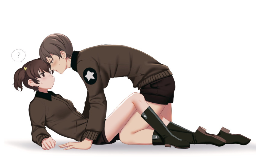 2girls, ?, alisa_(girls_und_panzer), arm_up, bangs, black_footwear, black_shorts, blush, boots, brown_eyes, brown_hair, brown_jacket, emblem, freckles, girls_und_panzer, hair_ornament, highres, jacket, kneeling, leaning_back, leaning_forward, light_frown, long_sleeves, looking_at_another, military, military_uniform, multiple_girls, naomi_(girls_und_panzer), saunders_military_uniform, short_hair, short_twintails, shorts, simple_background, sitting, spoken_question_mark, star_(symbol), star_hair_ornament, sweatdrop, twintails, uniform, very_short_hair, white_background, yoshipi, yuri