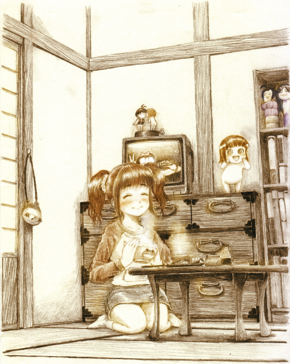 doll, drawer, food, graphite_(medium), hagiwara_yukiho, highres, idolmaster, kikuchi_makoto