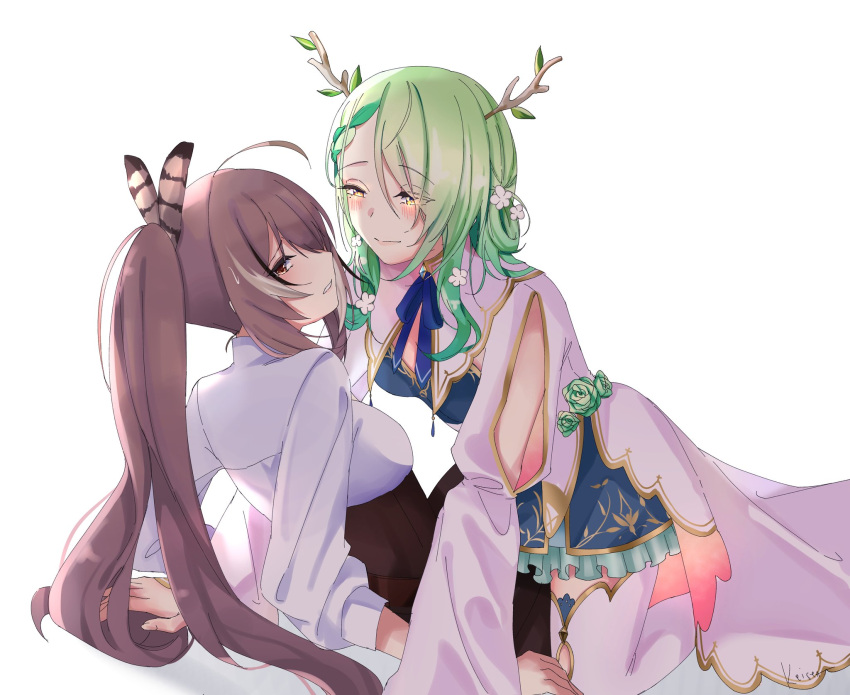 2girls, ahoge, breasts, brown_eyes, brown_hair, ceres_fauna, english_commentary, eyebrows_visible_through_hair